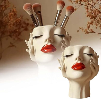 Women's Head Shape Boho Feminist Decoration, Minimalist Statue Storage Decor Face Makeup Brush Holder, Modern Statue Storage Makeup for Table Shelf Living Room Office (Beige 6.69 * 4.72 * 3.15in)
