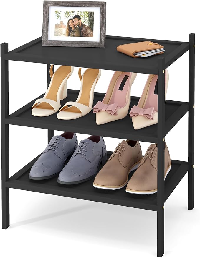 Smiry Bamboo Small Shoe Rack, 3 Tier Shoe Organizer for Entryway & Closet, Stackable Free Standing Storage Shelf for Shoes, Bags & Plants, Black