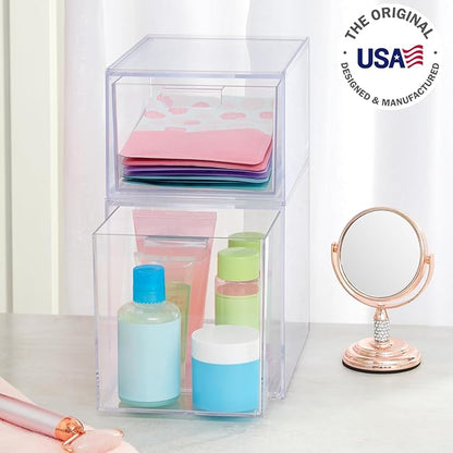 STORi Audrey Stackable Clear Bin Plastic Organizer Drawers | 2 Piece Set | Organize Cosmetics and Beauty Supplies on a Vanity | Made in USA