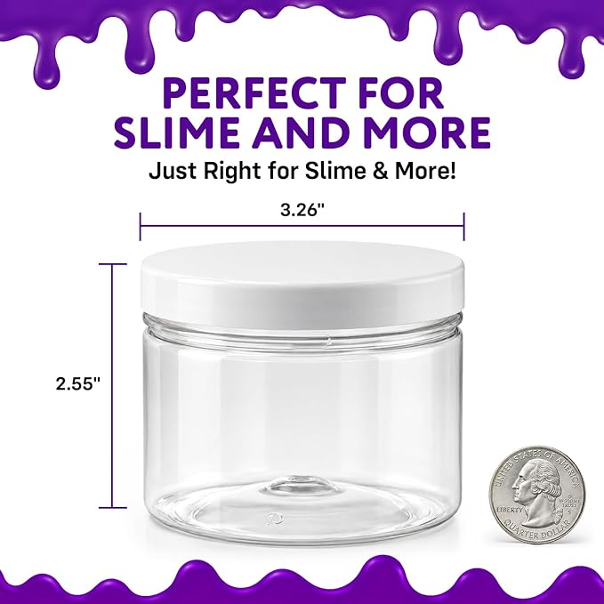 Healthy Packers Slime Containers with Water-tight Lids (8 oz, 12 Pack) - Clear Plastic Food Storage Jars with Individual Labels- Great for your slime kit - BPA Free