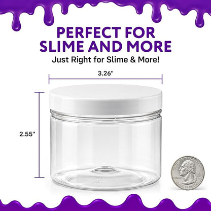 Healthy Packers Slime Containers with Water-tight Lids (8 oz, 12 Pack) - Clear Plastic Food Storage Jars with Individual Labels- Great for your slime kit - BPA Free