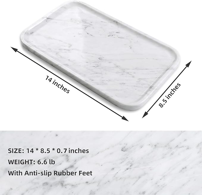 Yew & Tulip 14" x 8.5" Natural Marble Tray for Kitchen, Bathroom, Living Room – Serving/Decorative Vanity Tray for Jewelry, Candles, Decor (Carrara White)