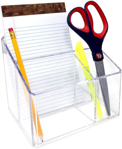 Isaac Jacobs Clear Acrylic 3-Compartment Organizer, Remote Holder & Multi-Functional Makeup, Brush, Pen & Pencil Storage Solution, for The Home, Bathroom, Office, Child’s Desk (3-Section, Clear)