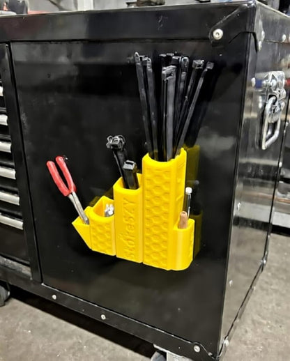 ZipStation Pro Zip Tie Organizer – 3 Tier Holder with Cutter Slot & Pen Storage – Magnetic Toolbox Organizer (Yellow)
