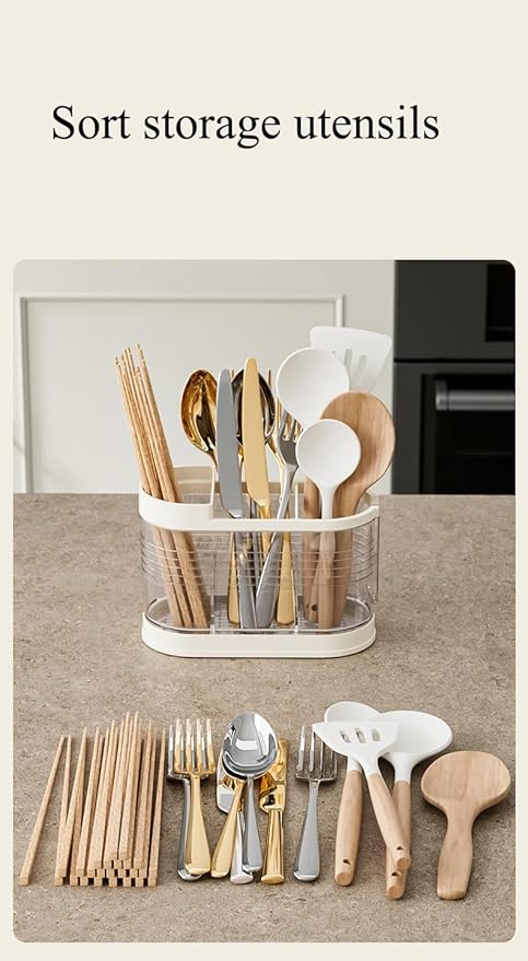Clear Countertop Cutlery Drying Holder Utensil Holder Cutlery Drainer Tableware Holder Box Tabletop Separated Fork Chopstick Kitchen Storage Cutlery Utensil Organizer