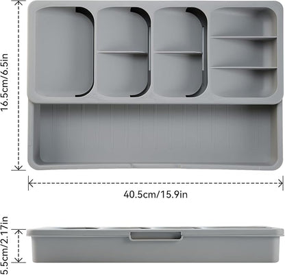 Expandable Silverware Drawer Organizer Tray, Adjustable Utensil Holder for Kitchen Drawers, BPA-Free Plastic Cutlery and Flatware Storage Divider