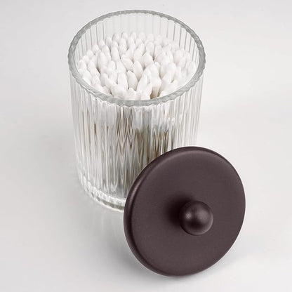 SheeChung 3-Pack Qtip Holder, Glass Apothecary Jars with Tray - Ribbed Bathroom Organizer Set for Q-Tips, Cotton Balls, Pads & Floss Picks - Vintage Farmhouse Vanity Decor Canisters (Rustic Bronze)