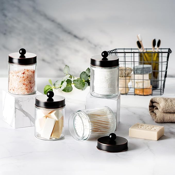 Amolliar Apothecary Jars Bathroom Storage Organizer - Cute Qtip Dispenser Vanity Canister Glass with Lid for Cotton Swabs,Rounds,Bath Salts,Makeup Sponges,Hair Accessories/Oil Rubbed Bronze（2 Pack）