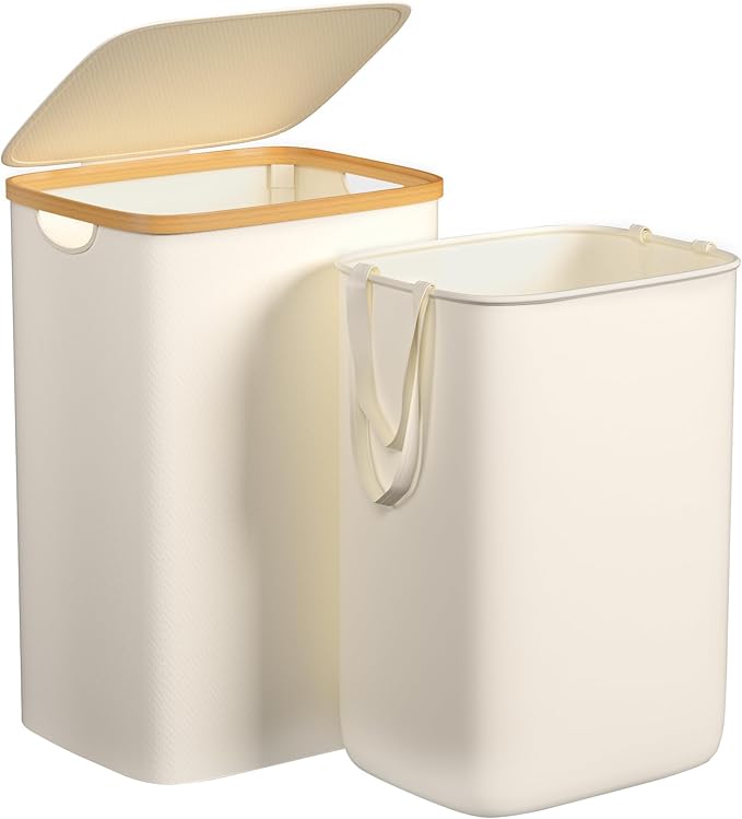 Foluck Large Laundry Hamper, 75L Waterproof Laundry Basket with Lid and Removable Bag, Collapsible Tall Clothes Hamper with Bamboo Handles for Clothes Toys in Dorm Bedroom Bathroom, Beige