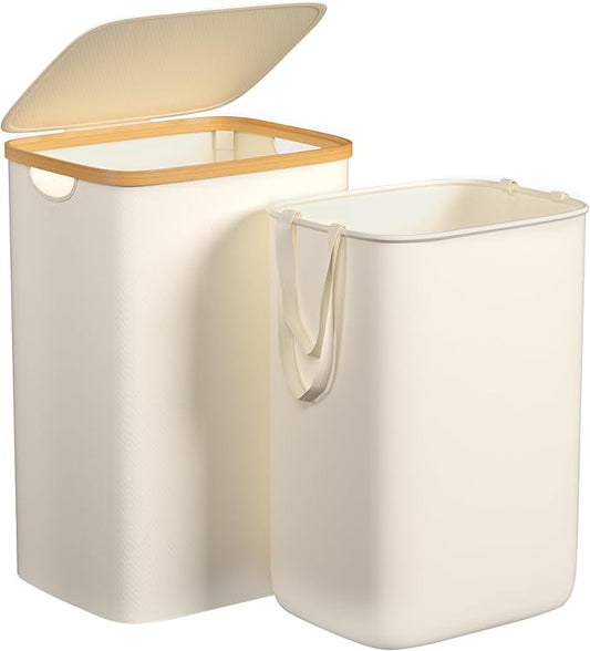 Foluck Large Laundry Hamper, 75L Waterproof Laundry Basket with Lid and Removable Bag, Collapsible Tall Clothes Hamper with Bamboo Handles for Clothes Toys in Dorm Bedroom Bathroom, Beige