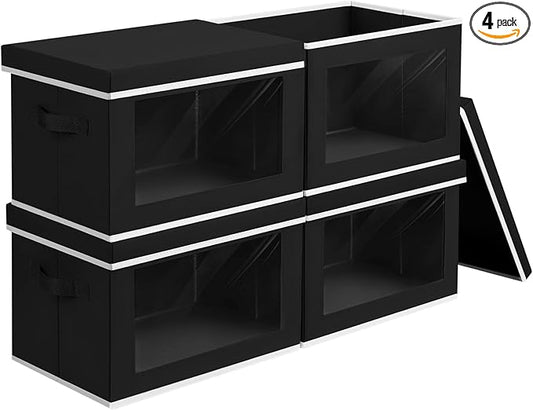 Homsorout Storage Bins with Lids, 4 Pack Large Storage Cubes with Window, Closet Bins with Lids & Handles, Fabric Box for Organizing Clothes, Towels, Books, Black