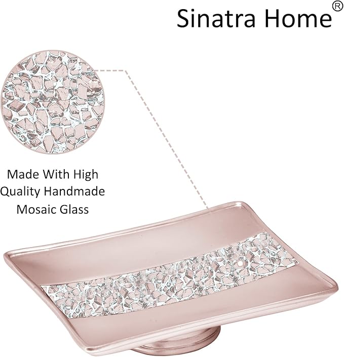 Zahari Home Sinatra Soap Dish Unique Design Stylish Bling Glass Mosaic Décor Soap Bar Holder, Blush