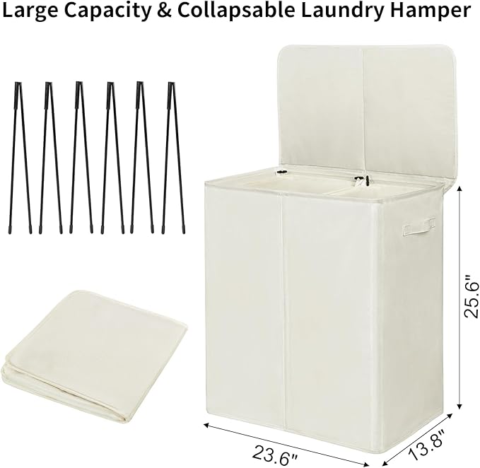 WOWLIVE 140L Double Laundry Hamper with Lid and Removable Laundry Bags, Large Dirty Clothes Hamper 2 section Collapsible Laundry Basket Dorm Room Storage for Bedroom, Bathroom, College,Beige