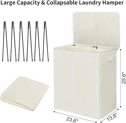 WOWLIVE 140L Double Laundry Hamper with Lid and Removable Laundry Bags, Large Dirty Clothes Hamper 2 section Collapsible Laundry Basket Dorm Room Storage for Bedroom, Bathroom, College,Beige