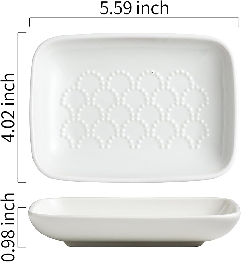Gomakren Ceramic Soap Dish with Raised Scalloped Design, Versatile Soap Holder & Tray for Bathroom and Kitchen Sink, Prevents Soggy Soap, Modern Decor, Easy to Clean, White (5.59" x 4.02")