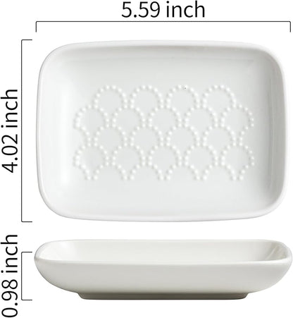 Gomakren Ceramic Soap Dish with Raised Scalloped Design, Versatile Soap Holder & Tray for Bathroom and Kitchen Sink, Prevents Soggy Soap, Modern Decor, Easy to Clean, White (5.59" x 4.02")