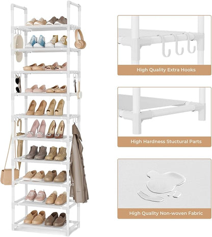 VTRIN 10 Tiers Tall Shoe Rack Holds 20-25 Pairs of Shoes Sturdy Vertical Shoe Organizer with 18pcs Hooks Stackable Narrow Shoe Rack for Closet, Entryway White