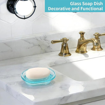 Glass Soap Dish, Vintage Embossed Bar Soap Holder, Decorative Soap Saver Tray for Shower, Bathtub, Bathroom and Kitchen Sink