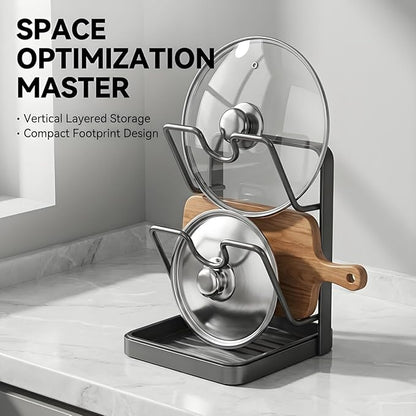 Lispin Pot Lid Holder & Spoon Rest, 2026 Upgraded Multifunctional Kitchen Organizer Rack with Removable Drip Tray, Space-Saving Countertop Stove Top Storage for Pots Pans (Double Layer-Gray)
