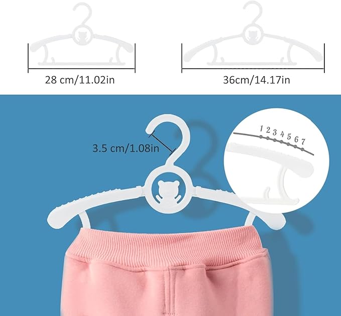 HGYZE Baby Hangers for Closet 50pcs, White Kids Clothes Hanger Plastic, 11-14" Adjustable Bulk Perchas for Newborn, Non-Slip Children Outfit Bear Hanger for Girl Boy Toddler Infant Nursery Clothing