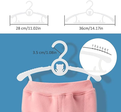 HGYZE Baby Hangers for Closet 50pcs, White Kids Clothes Hanger Plastic, 11-14" Adjustable Bulk Perchas for Newborn, Non-Slip Children Outfit Bear Hanger for Girl Boy Toddler Infant Nursery Clothing