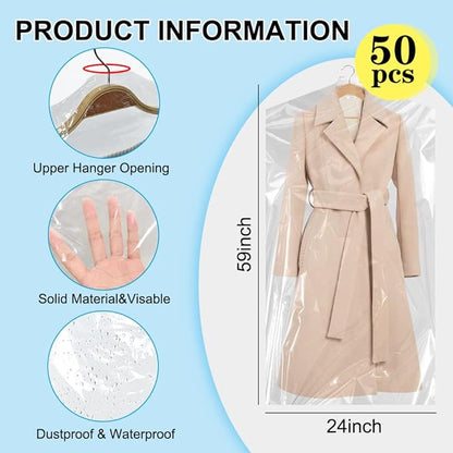 BEISHIDA 50PCS 60 Inch Plastic Garment Bag-Plastic Clear Dry Cleaner Laundry Bags for Clothes Cover, Hanging Clothes Storage for Long Dresses Skirt Coat Suit Shirt Jacket