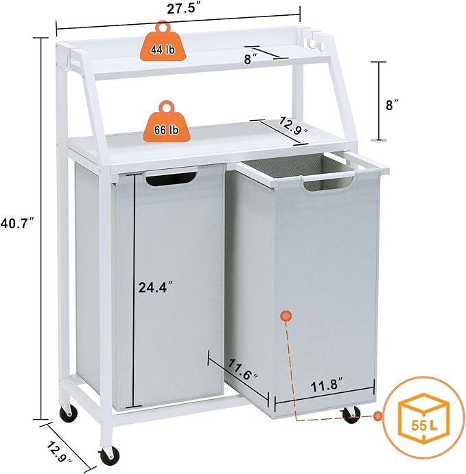 Timberer Laundry Hamper, Laundry Sorter 2 Section, Rolling Laundry Basket with Wheels, 2 Shelves, 2 × 14.5 Gal, Pull-Out and Removable Oxford Fabric Bags, for Laundry Room, White and Grey
