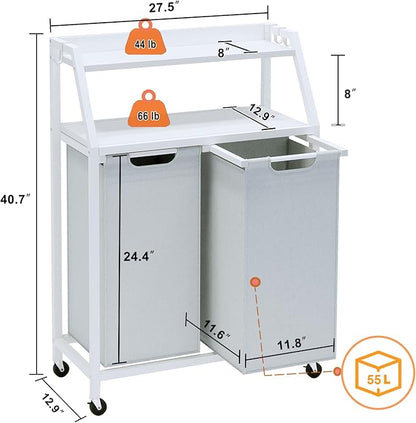 Timberer Laundry Hamper, Laundry Sorter 2 Section, Rolling Laundry Basket with Wheels, 2 Shelves, 2 × 14.5 Gal, Pull-Out and Removable Oxford Fabric Bags, for Laundry Room, White and Grey