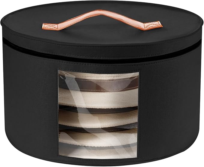 HEAVYWOOD Hat Box for Women Storage Travel Felt Hat Case for Wide-Brim Cowboy Hat Storage Foldable Organizer for Closet Large Round Hat Carrier with Portable Handle (Pure Black)