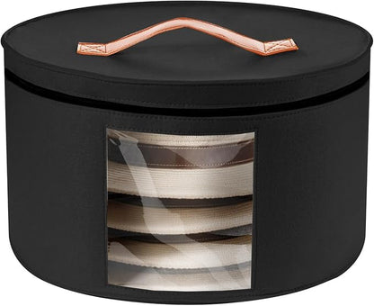 HEAVYWOOD Hat Box for Women Storage Travel Felt Hat Case for Wide-Brim Cowboy Hat Storage Foldable Organizer for Closet Large Round Hat Carrier with Portable Handle (Pure Black)