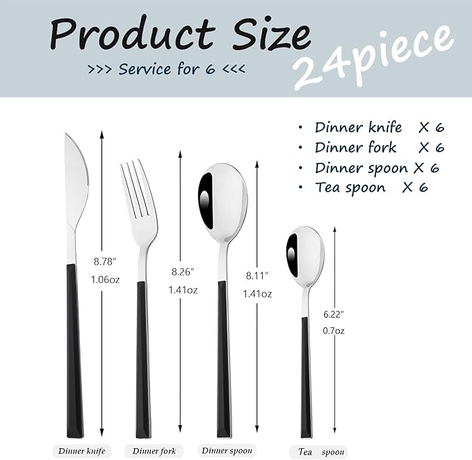 24piece Silverware Set with Hanging Holder, Stainless Steel Tableware Set With Cutlery Storage Rack, Decent Gift Box For Housewarming, Party, Dining - Black Silver, set of 6