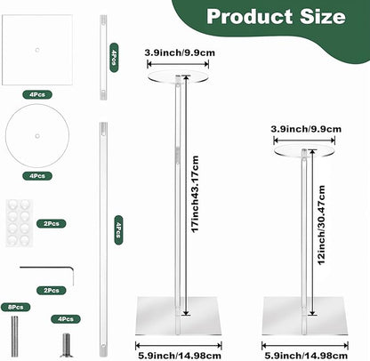 4PCS Clear Acrylic Hat Stands and Display Racks, 12"-17" Adjustable Height Hat Holder, Clear Square Base Hat Stand for Baseball Caps, Wigs, Jewelry, Watches, Helmets and Collectibles