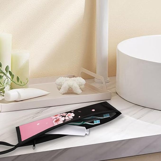 COEQINE Cherry Blossom Floral Utensil Case Reusable Portable Flatware Organzier Bag Tableware Carrying Case Chopsticks Knife Fork Spoon Straw Storage Case Zipper Bag for Cutlery Kit