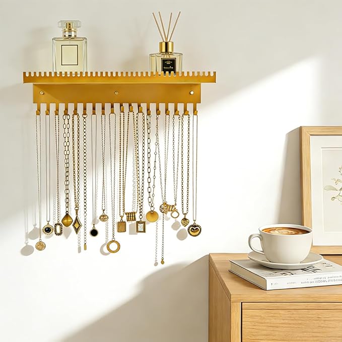 Necklace Holder Wall Hanging Organizer with 56 Hooks and Tray, Wall Mounted Necklace Hanger for Earring, Bracelet, Rings, Hairband, Glasses