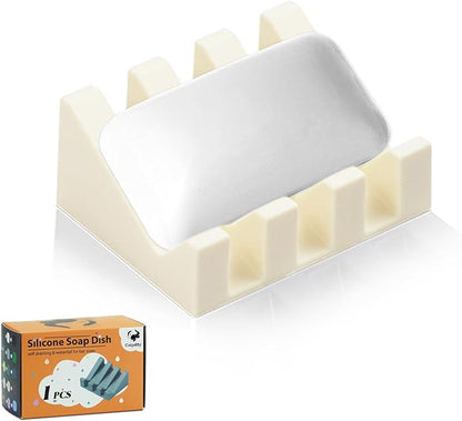 Self Draining Soap Dish Holder,Silicone Soap Dish,for Bathroom,Kitchen, Sponges，Can Extend Soap Life，Keep Soap Bars Dry and Easy Cleaning (Cream White,1-Pack)