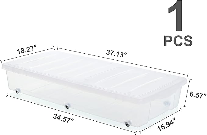 Citylife 57 QT Plastic Under Bed Storage Bins with Double-opening Lids Clear Underbed Storage Containers with Wheels for Organizing Shoes, Blankets, Clothes