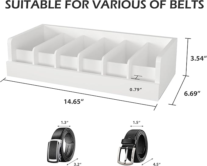 Belt Organizer for Drawer - Bamboo Belt Storage Organizer | Belt Rack for Closet Wall Mount Men Women Tie Sock Bra Scarf Ribbon(White, 6 Grids)