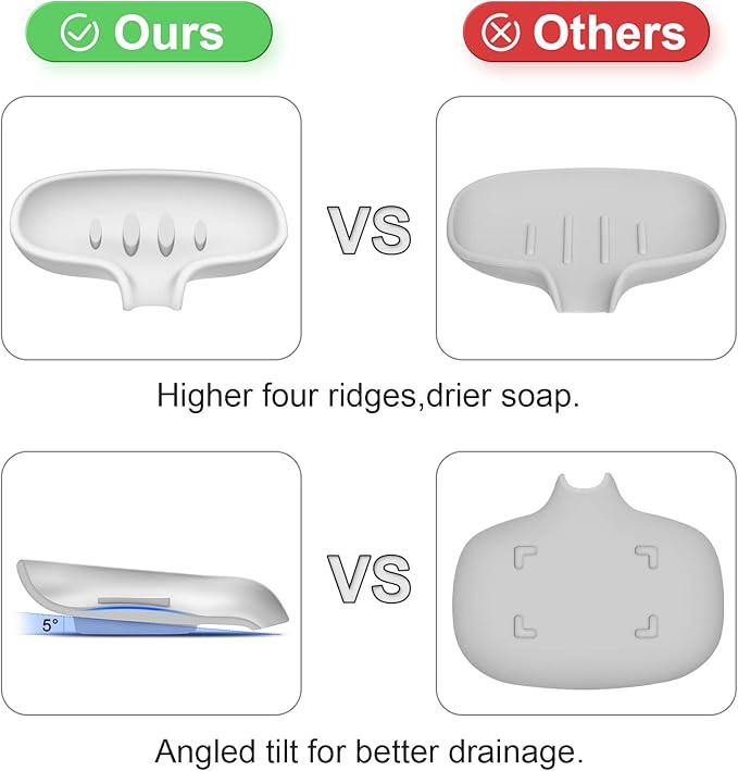SUBEKYU Silicone Soap Dish for Bathroom,Bar Soap Holder for Shower with Draining Tray, Waterfall Soap Tray for Kitchen Sink, Set of 2 (2 * White)