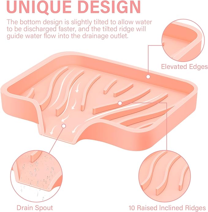 Silicone Soap Dish with Drain, SAISN Kitchen Soap Tray for Shower 2 Pack Self Draining Soap Dish Soft Bathroom Soap Holder for Kitchen Sink Flexible Portable Soap Saver, Pink