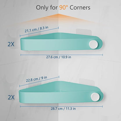 Sotfamily Plastic Shower Caddy Corner (For 90° Only), 4 Pack Adhesive Corner Shower Shelves for Bathroom Organizers and Storage, Turquoise