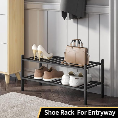 Shoe Rack, 2-Tier Bamboo Stackable Shoe Shelf Storage Organizer, Shoe Stand for Closet, Entryway and Hallway