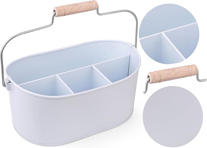 Alpha Living Home Farmhouse 4 Section Galvanized Utensil Caddy - Versatile Organizer for Kitchen, Party & Outdoor Events Rustic Silverware Holder, Cutlery Organizer, Picnic (White)