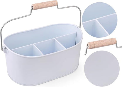 Alpha Living Home Farmhouse 4 Section Galvanized Utensil Caddy - Versatile Organizer for Kitchen, Party & Outdoor Events Rustic Silverware Holder, Cutlery Organizer, Picnic (White)