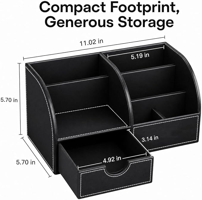 KINGFOM Cologne Organizer for Men, PU Leather Dresser Organizer with Drawer, 11" Countertop Cologne Holder for Watch, Wallet, Keys, Sunglasses, Bathroom Bedroom Nightstand Organizer, Black