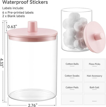 3 Pack Glass Qtip Holder Dispenser- 10 oz Clear Canister Apothecary Jar, Bathroom Vanity Storage Organizer Set for Cotton Swabs, Pads, Floss Picks, Small Containers for Makeup Storage (Pink)