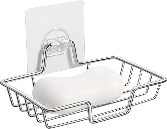 Rainspire Soap Dish Holder, No Drilling, 304 Rustproof Stainless Steel, Wall Mounted Soap Holder Soap Tray Bar Soap Sponge Holder for Bathroom & Kitchen, Square (Silver)