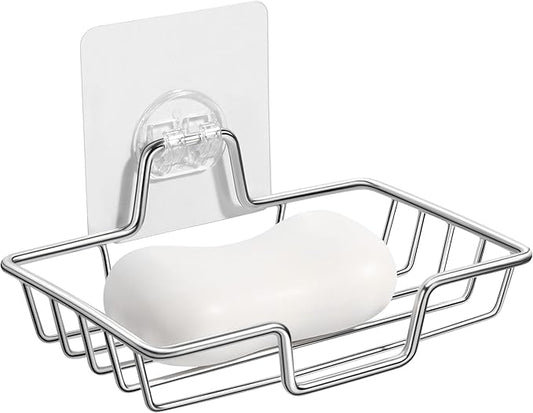 Rainspire Soap Dish Holder, No Drilling, 304 Rustproof Stainless Steel, Wall Mounted Soap Holder Soap Tray Bar Soap Sponge Holder for Bathroom & Kitchen, Square (Silver)