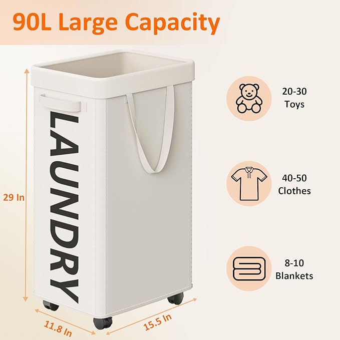 Optish 2 Pack Rolling Laundry Basket with Wheels, 90L Hamper with Wheels and Removable Mesh Bag, White Laundry Baskets on Wheels for Bedroom, Dorm, Clothes Hamper Organizer
