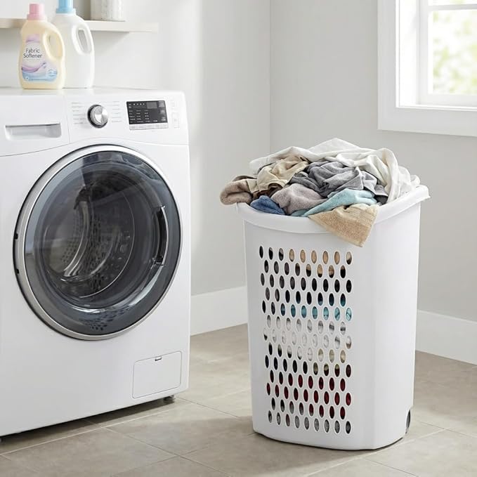 White Wheeled Plastic Laundry Hamper – Adult-Sized Rolling Basket With Handles For Home & Dorms
