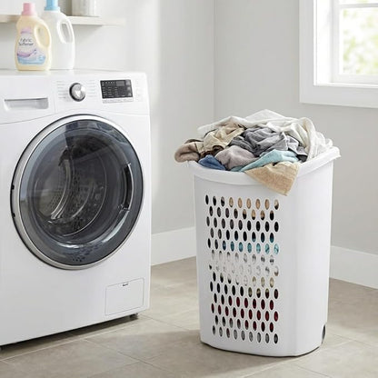 White Wheeled Plastic Laundry Hamper – Adult-Sized Rolling Basket With Handles For Home & Dorms